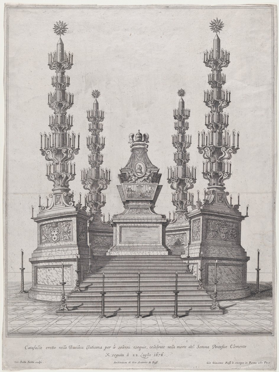Katafalk pro papeže Klementa X., centrální stavba na vrcholu patnáctistupňové plošiny, s..., 1676. od Giovanni Battista Falda