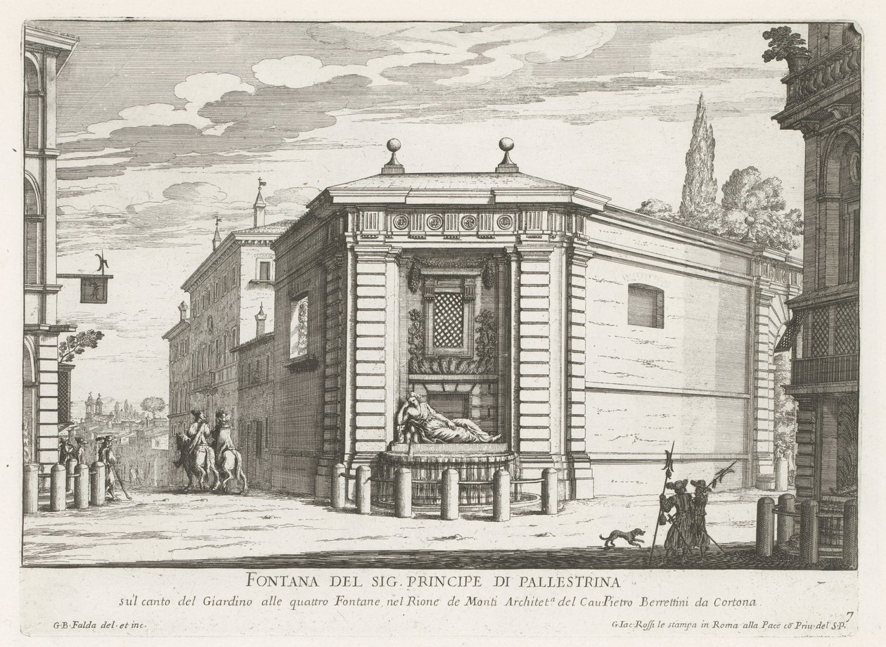 Dianafontein van de Quattro Fontane te Rome Fontana del sig. Principe di Pallestrina (title on object) Fontane di Roma (series title) Fonteinen van Rome (series title)   1328739   cs       czech Successfully Translated  Original: Landschap met vrouw en hon od Giovanni Battista Falda