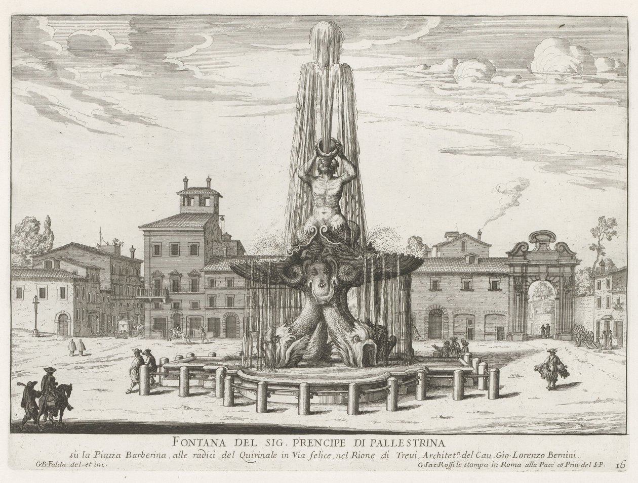 Fontána Triton na náměstí Piazza Barberini v Římě Fontána Mr. Prencipe di Pallestrina (název na objektu) Fontány Říma (název série) Fonteinen van Rome (název série) od Giovanni Battista Falda