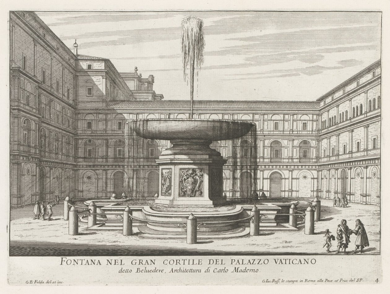 Fontein v de Cortile del Belvedere ve Vatikánu Fontána na velkém nádvoří Vatikánského paláce (titul na objektu) Fontány Říma (název série) Fonteinen van Rome (název série) od Giovanni Battista Falda