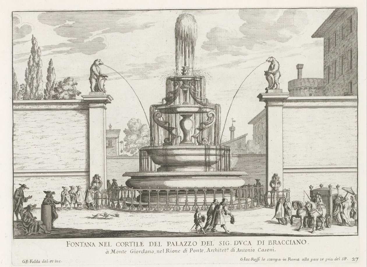 Fontein in de binnenplaats van Palazzo Taverna te Rome Fontána na nádvoří Mr. vévoda z Bracciano (titul na předmětu) Fontány Říma (název série) Fonteinen van Rome (název série) od Giovanni Battista Falda