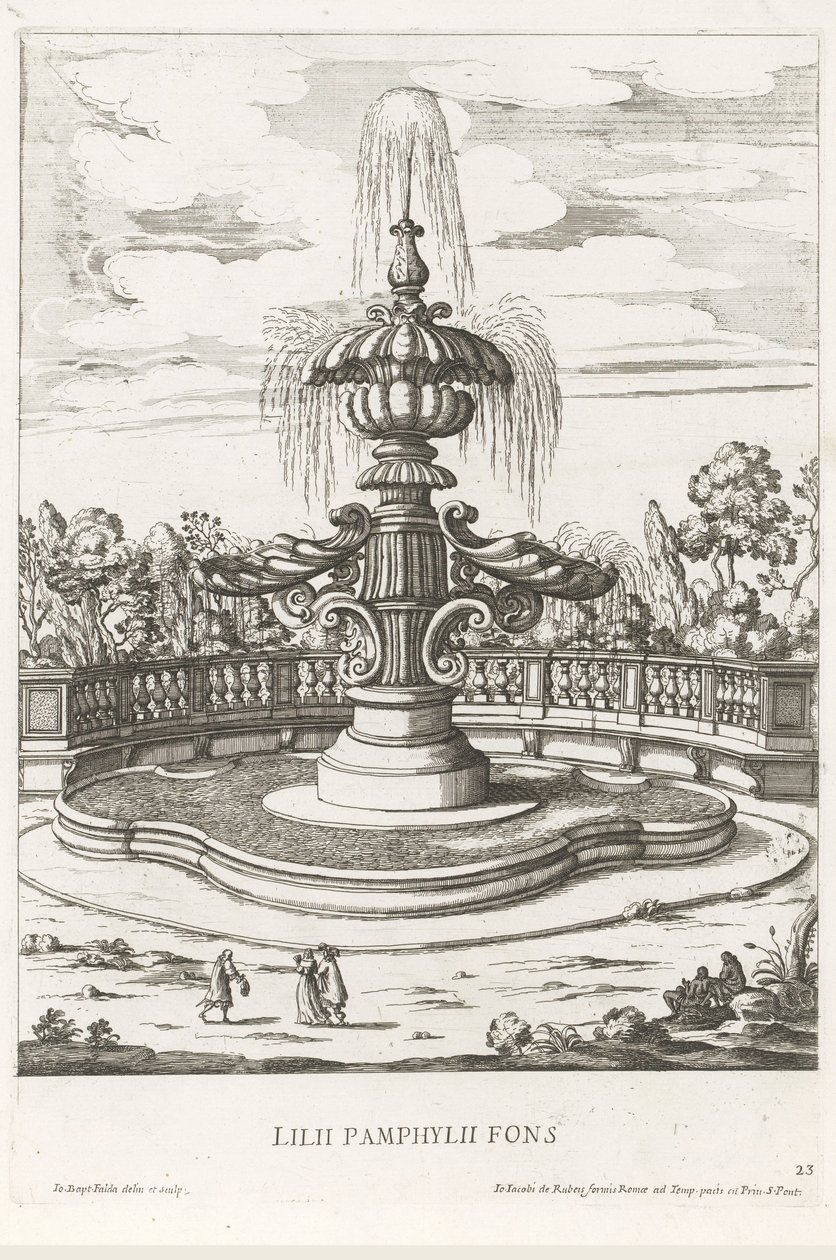 Fontána v zahradách Villa Doria Pamphilj v Římě Lilii Pamphylii fons (název na objektu) Le fontane ne palazzi e ne giardini di Roma (název série) Fontány v palácích a zahradách Říma (název série) od Giovanni Battista Falda