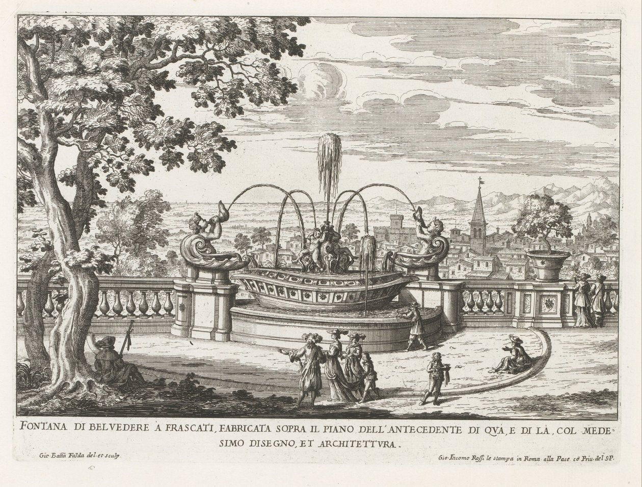 Fontein in de tuinen van de Villa Aldobrandini te Frascati Fontána Belvedere ve Frascati, postavená nad podlahou předchůdce na této straně (...) (nadpis na objektu) Fontány vil ve Frascati (název série) Fonteinen van Frascati (název série) od Giovanni Battista Falda