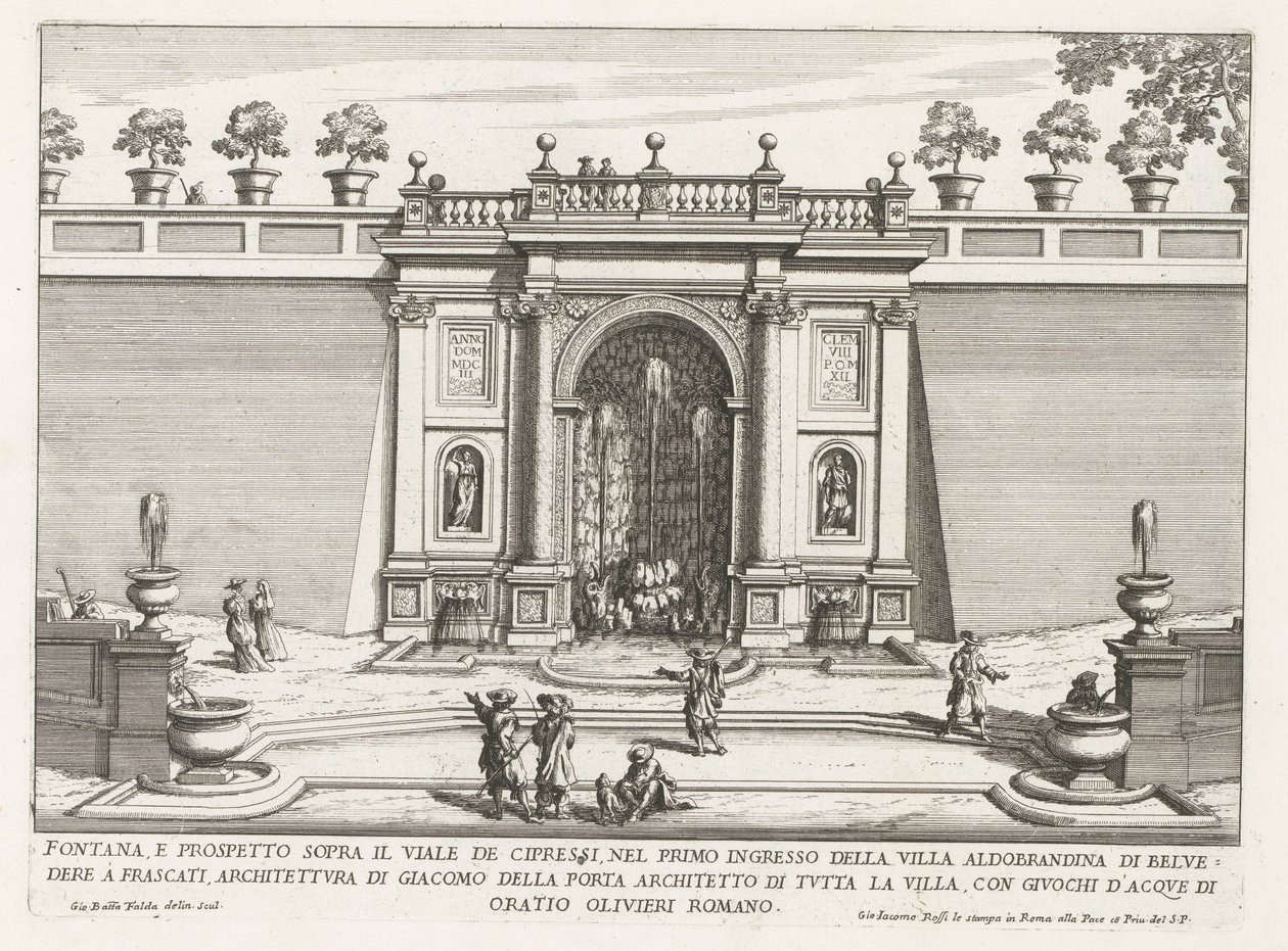 Fontein in de tuinen van de Villa Aldobrandini te Frascati Fontána a vyvýšenina nad cypřišovou alejí (...) (nadpis na objektu) Fontány vil ve Frascati (název série) Fonteinen van Frascati (název série) od Giovanni Battista Falda