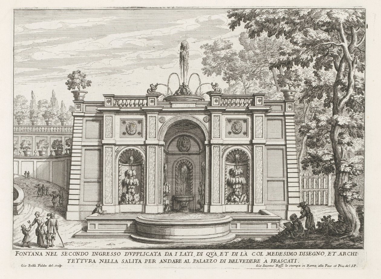 Fontein in de tuinen van de Villa Aldobrandini te Frascati Fontána ve druhém vchodu zdvojená ze stran (...) (nadpis na objektu) Fontány vil ve Frascati (název série) Fonteinen van Frascati (název série) od Giovanni Battista Falda