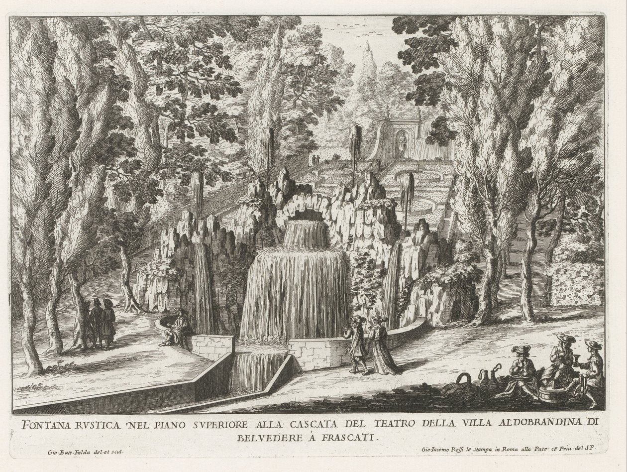Fontein in de tuinen van de Villa Aldobrandini te Frascati Rustikální fontána v horním patře u vodopádu divadla (...) (titul na objektu) Fontány vil ve Frascati (název série) Fonteinen van Frascati (název série) od Giovanni Battista Falda