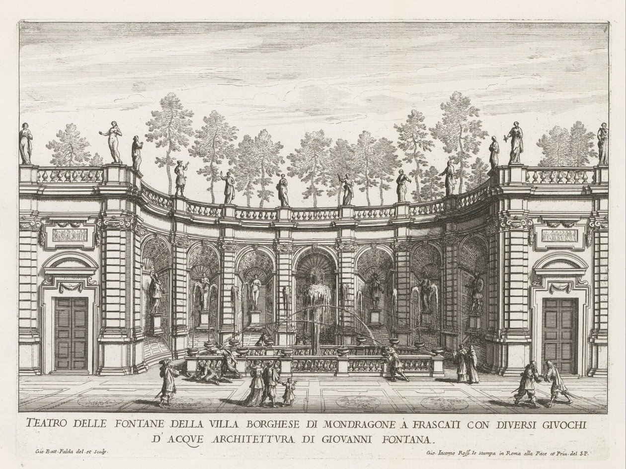 Fontein in de tuinen van de Villa Mondragone te Frascati Divadlo fontán vily Borghese z Mondragone ve Frascati (...) (název na objektu) Fontány vil ve Frascati (název série) Fonteinen van Frascati (název série) od Giovanni Battista Falda