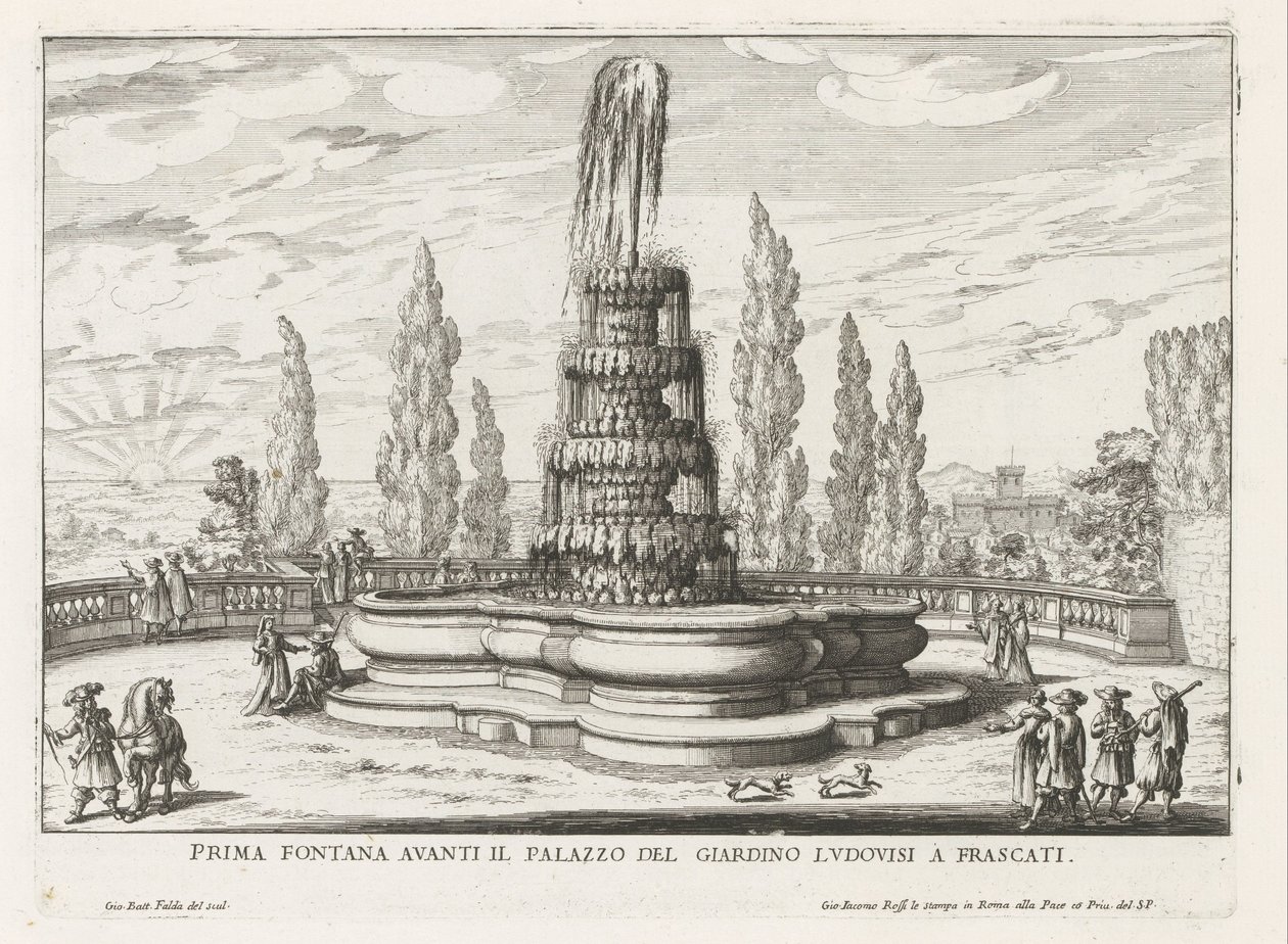 Fontein v de tuinen van de Villa Torlonia te Frascati První fontána před Palazzo del Giardino Ludovisi ve Frascati (název na objektu) Fontány vil ve Frascati (název série) Fonteinen van Frascati (název série) od Giovanni Battista Falda