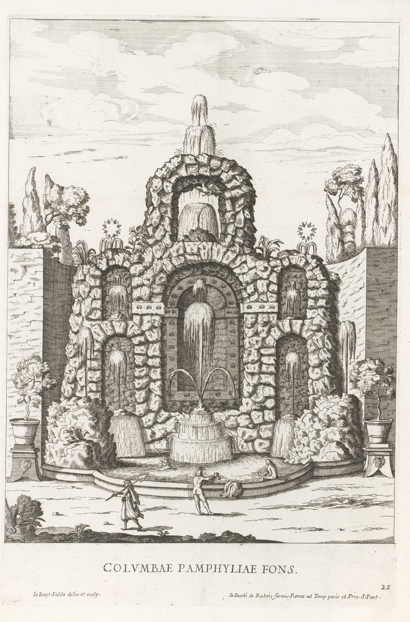 Fontána s holuby v zahradách Villa Doria Pamphilj v Římě Columbae Pamphyliae fons (název na objektu) Le fontane ne palazzi e ne giardini di Roma (název série) Fontány v palácích a zahradách Říma (název série) od Giovanni Battista Falda