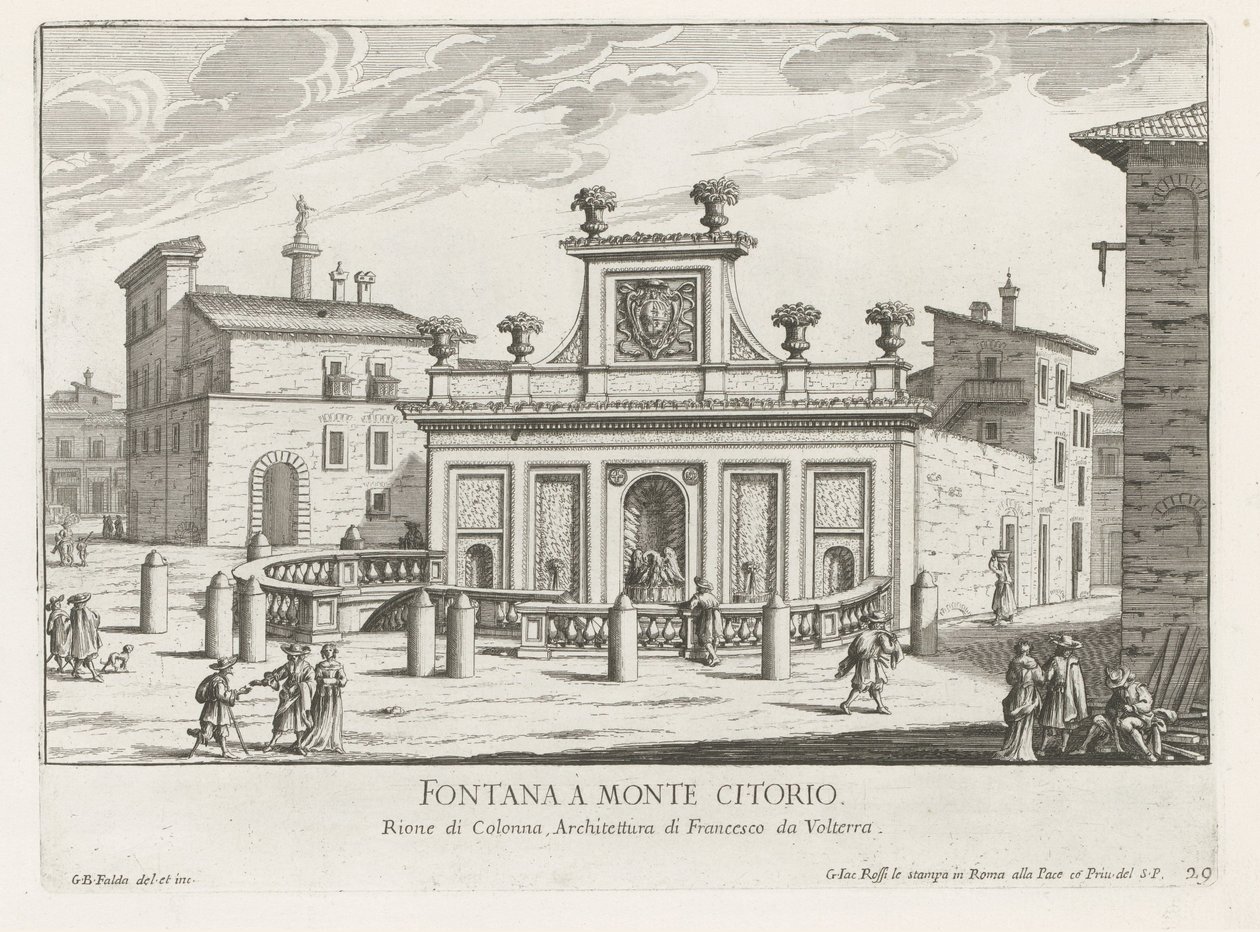 Fontein na náměstí Piazza Montecitorio te Rome Fontana a Monte Citorio (název na objektu) Fontane di Roma (název série) Fonteinen van Rome (název série) od Giovanni Battista Falda
