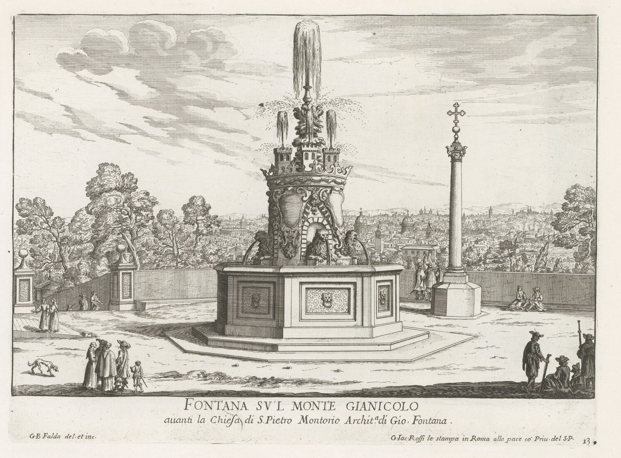 Fontein na Piazza San Pietro in Montorio op de Janiculumberg te Rome Fontána na hoře Gianicolo (název na objektu) Fontány Říma (název série) Fonteinen van Rome (název série) od Giovanni Battista Falda
