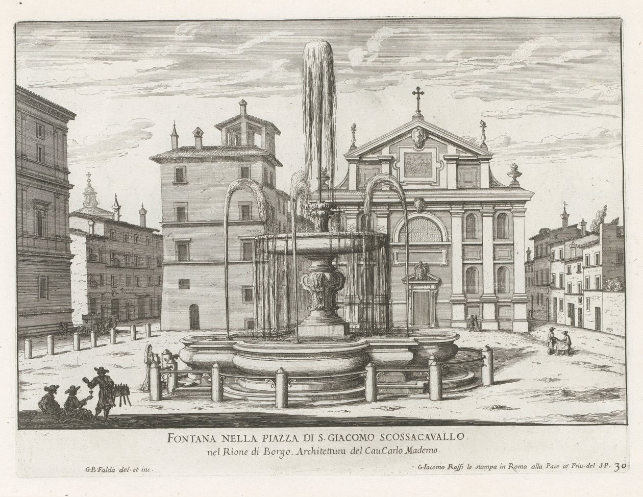 Fontein na náměstí Piazza Scossacavalli te Řím Fontána na náměstí Piazza di S. Giacomo Scossacavallo (název na objektu) Fontány Říma (název série) Fonteinen van Rome (název série) od Giovanni Battista Falda