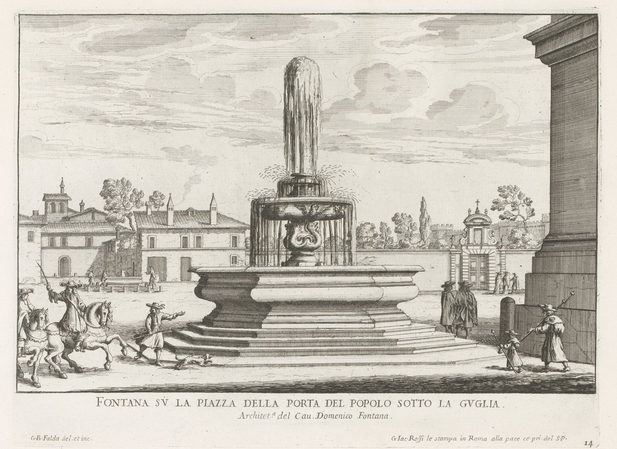 Fontein na náměstí Piazza del Popolo te Rome Fontána na náměstí Piazza della Porta del Popolo pod věží (název na objektu) Fontány Říma (název série) Fonteinen van Rome (název série) od Giovanni Battista Falda