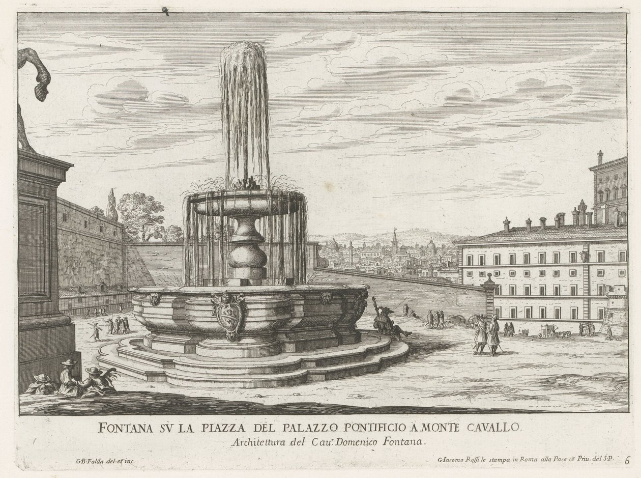 Fontein na náměstí Piazza del Quirinale v Římě Fontána na náměstí papežského paláce v Monte Cavallo (název na objektu) Fontány Říma (název série) Fonteinen van Rome (název série) od Giovanni Battista Falda