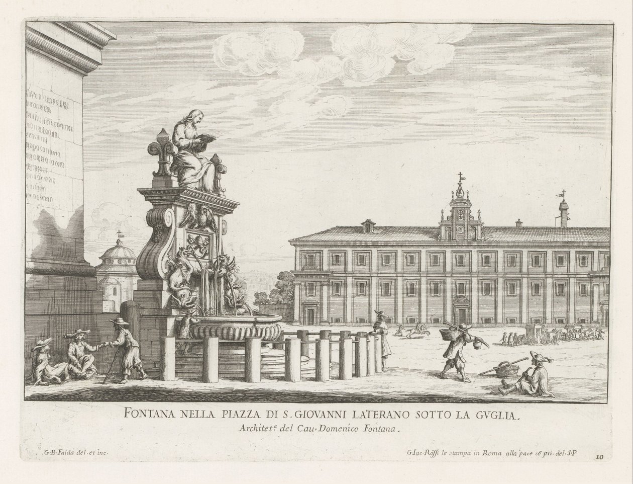 Fontein na náměstí Piazza di San Giovanni in Laterano te Rome Fontána na Piazza di S. Giovanni Laterano pod věží (název na objektu) Fontány Říma (název série) Fonteinen van Rome (název série) od Giovanni Battista Falda