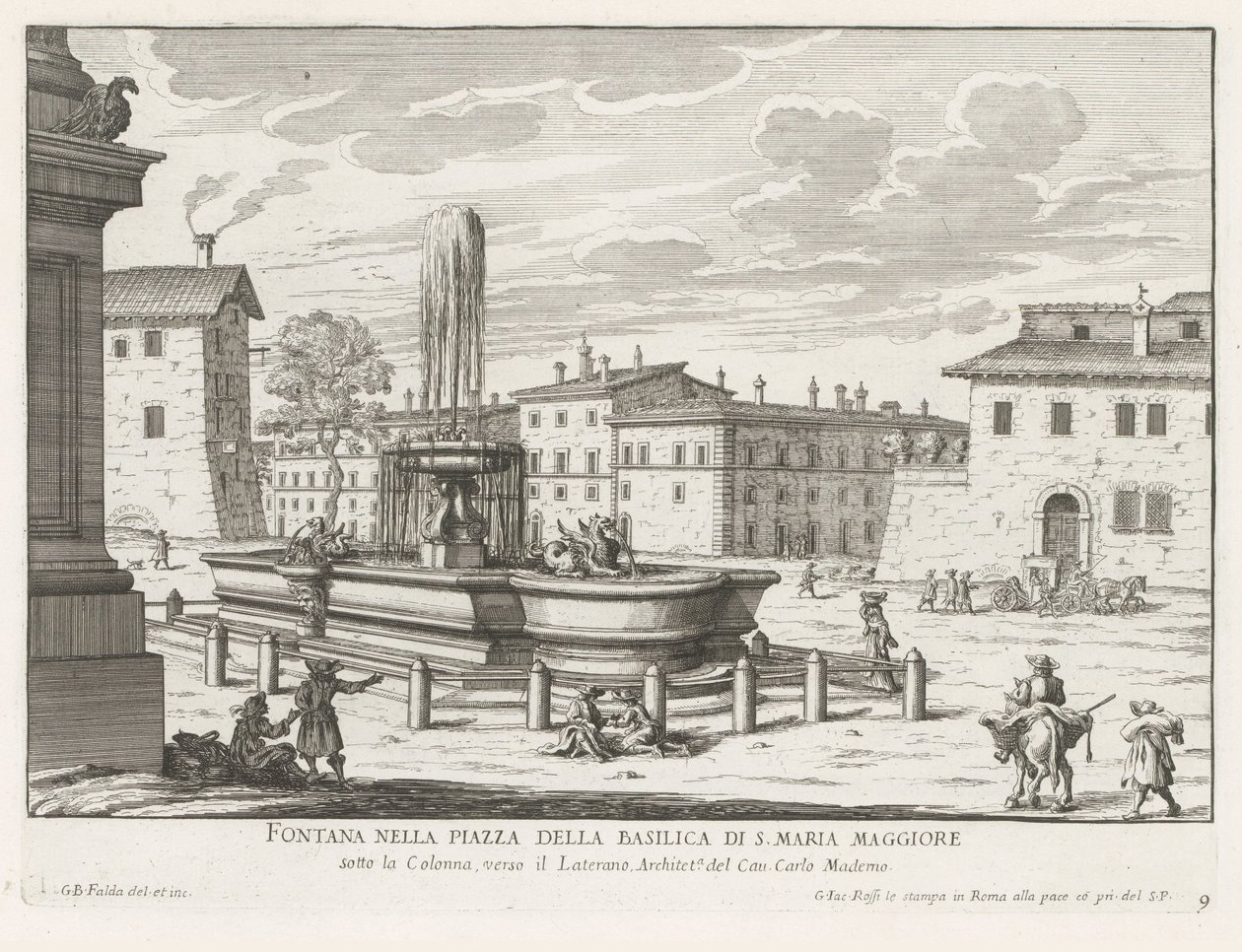Fontein na náměstí Piazza di Santa Maria Maggiore te Rome Fontána na náměstí baziliky S. Maria Maggiore (název na objektu) Fontány Říma (název série) Fonteinen van Rome (název série) od Giovanni Battista Falda