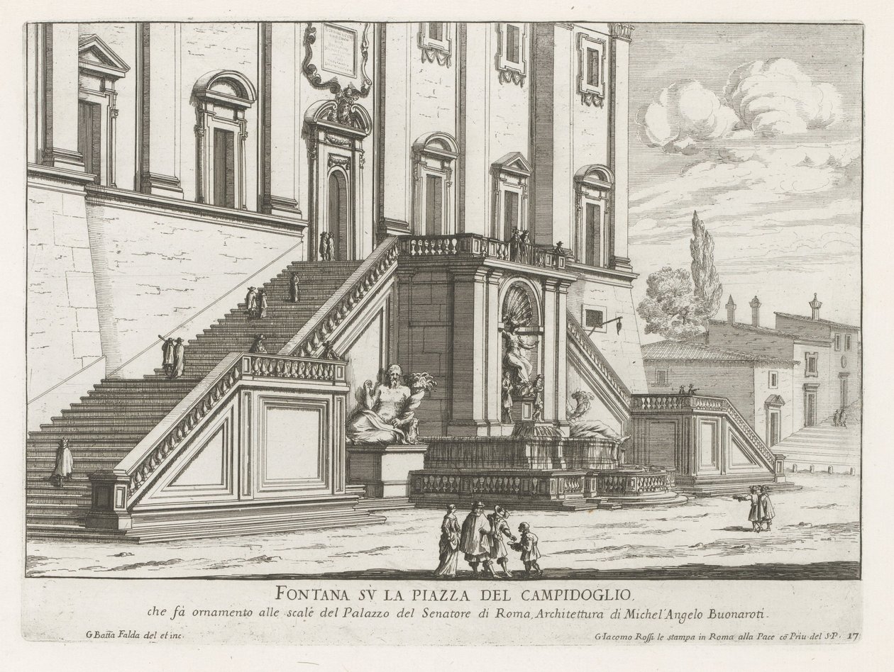 Fontána před Palazzo Senatorio na Kapitolu v Římě Fontana su la Piazza del Campidoglio (název na objektu) Fontane di Roma (název série) Fontány Říma (název série) od Giovanni Battista Falda