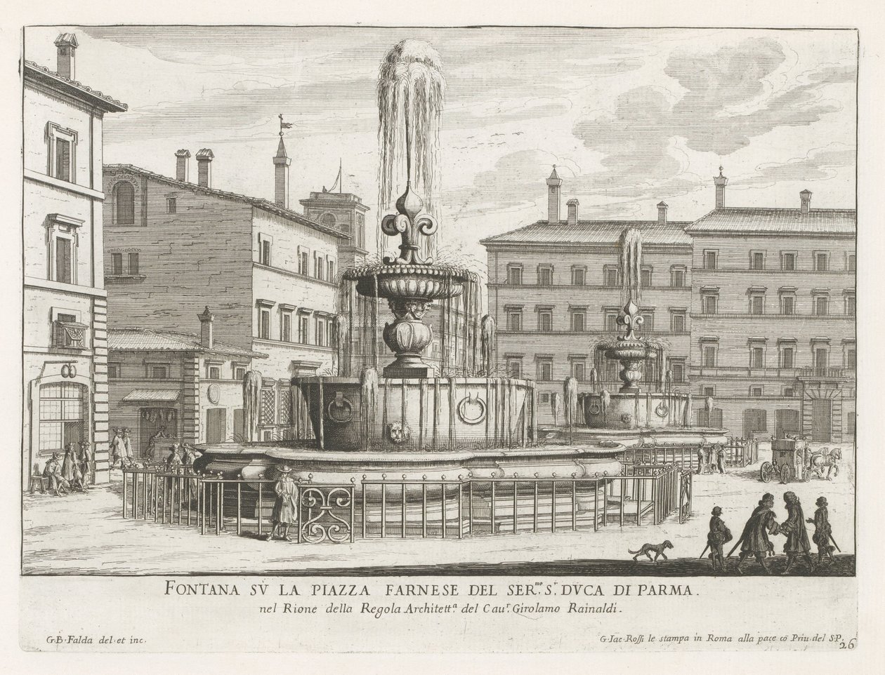 Fonteinen na Piazza Farnese te Rome Fontána na náměstí Piazza Farnese společnosti ser.mo sro Duca di Parma (název na objektu) Fontány Říma (název série) Fonteinen van Rome (název série) od Giovanni Battista Falda