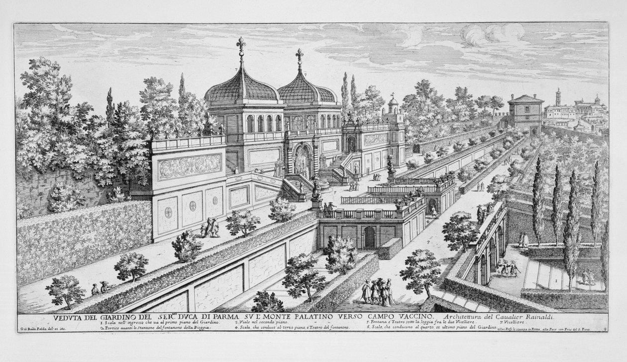 Zahrada vévody z Parmy na Palatinu, při pohledu na Campo Vaccino, Řím, z „Il Nuovo Teatro della Fabriche et Buildings in Perspective of Modern Rome“, publikované kolem roku 1665-69 od Giovanni Battista Falda