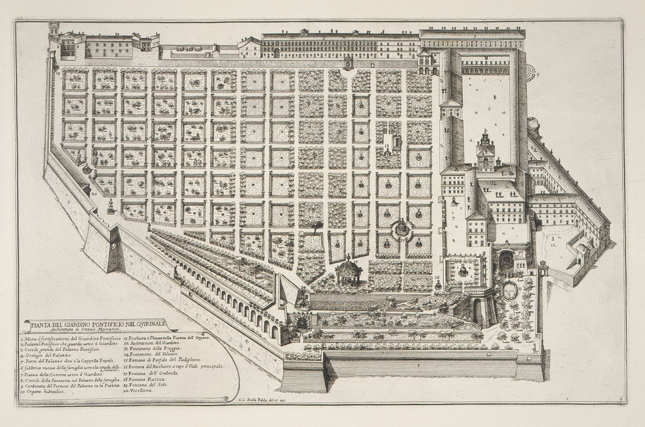 Papežská zahrada a palác Quirinale, z Il Nuovo Teatro della Fabriche et Buildings in Perspective of Modern Rome, publikované kolem roku 1665-69 (viz také 172928) od Giovanni Battista Falda
