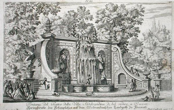 Divadelní fontána ve vile Aldobrandina, Frascati, kolem 1675, z „Le Fontane“, vydané před rokem 1687 (rytina) od Giovanni Battista Falda