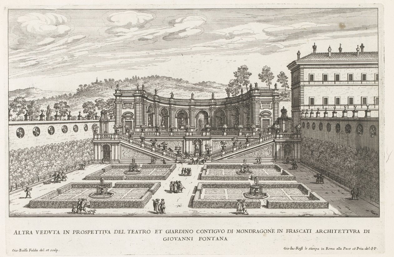 Tuinen van de Villa Mondragone te Frascati Další perspektivní pohled na divadlo a přilehlou zahradu (...) (titul na objektu) Fontány vil ve Frascati (název série) Fonteinen van Frascati (název série) od Giovanni Battista Falda