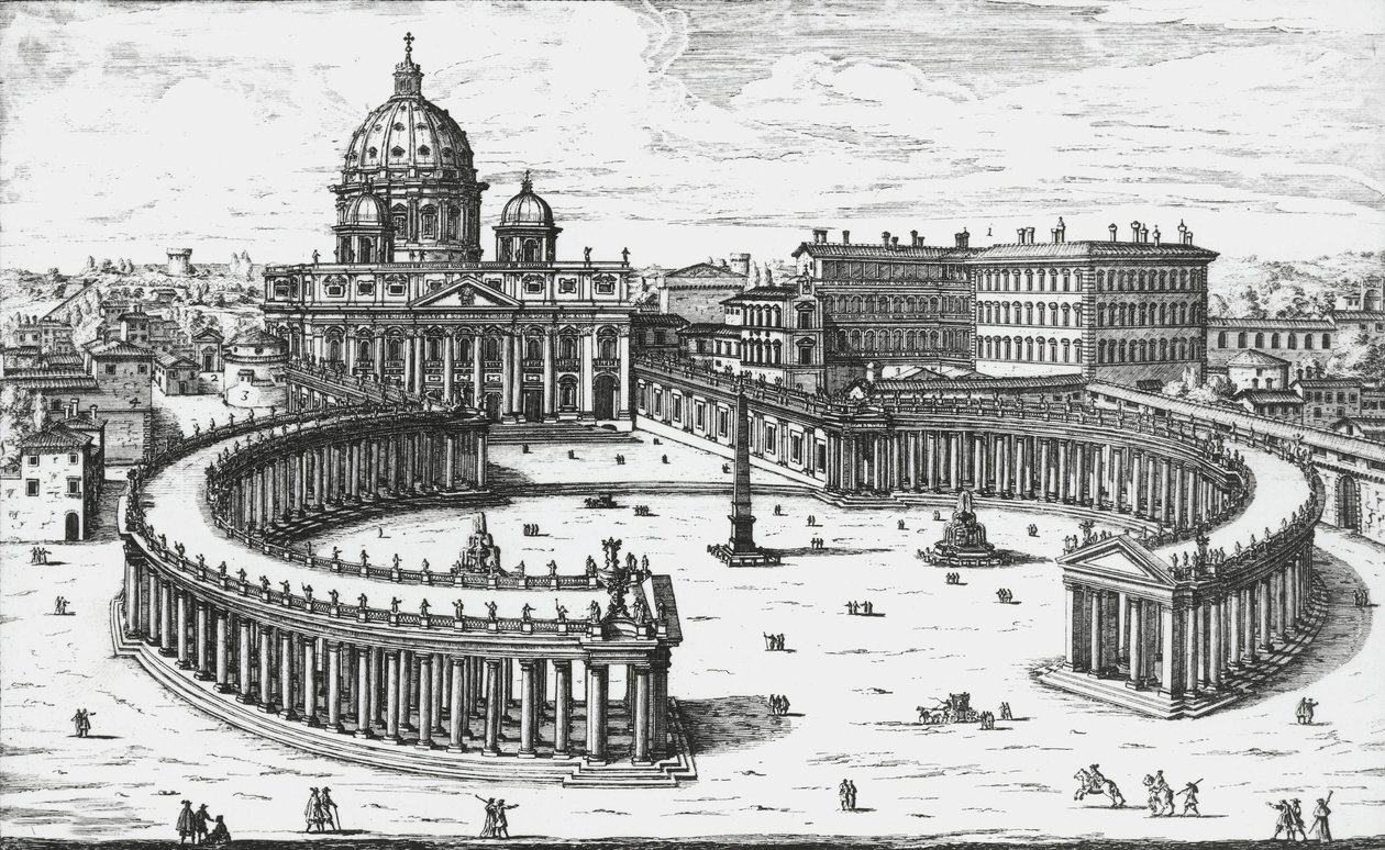 Vatikán, Pohled na Piazza San Pietro s bazilikou svatého Petra a Vatikánskými paláci, rytina Giovanni Battista Falda. 1665 od Giovanni Battista Falda