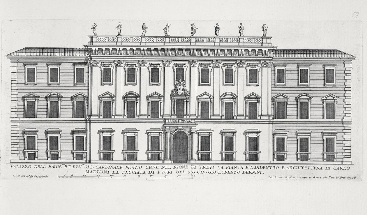 Pohled na fasádu Palazzo Chigi v Římě, kterou navrhli Matteo di Castello, Carlo Maderno (1556-1629) a Giovanni Bernini (1598-1680). od Giovanni Battista Falda
