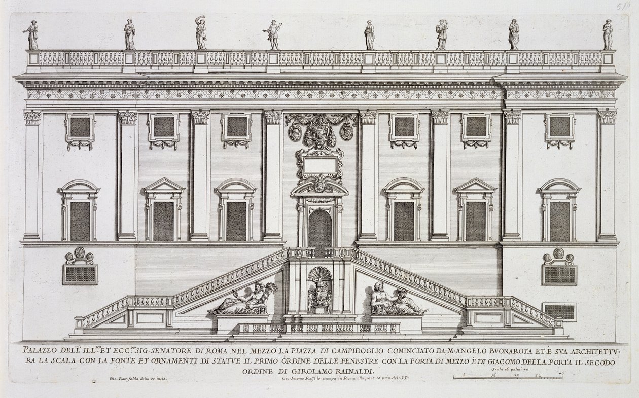 Pohled na fasádu Palazzo Senatorio na Piazza del Campidoglio v Římě, kterou začal Michelangelo Buonarroti (1475-1564) a dokončil Girolamo Rainaldi (1570-1655) od Giovanni Battista Falda