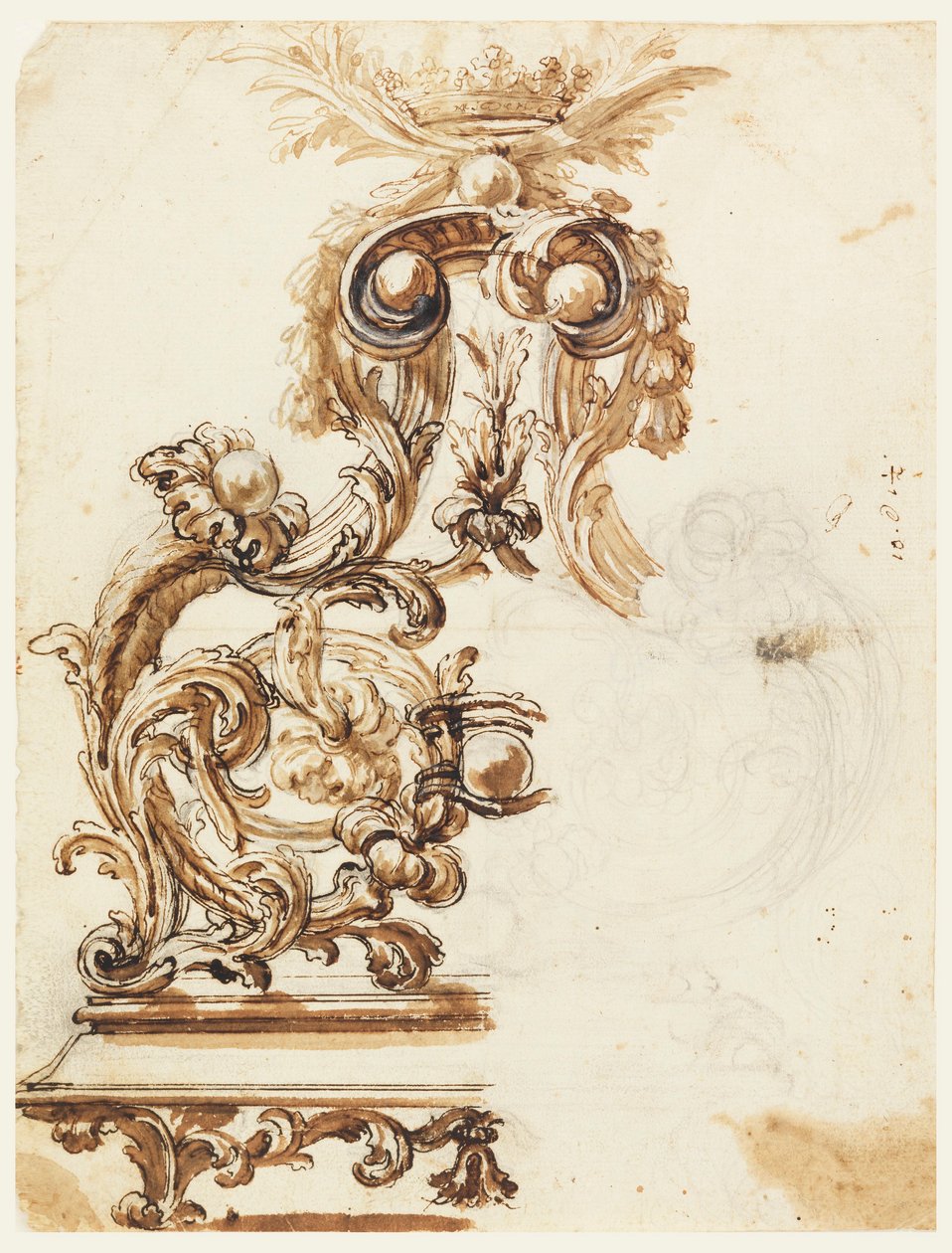 Kresba, návrh zlaceného bronzového ornamentu, 1680-1700 od Giovanni Battista Foggini