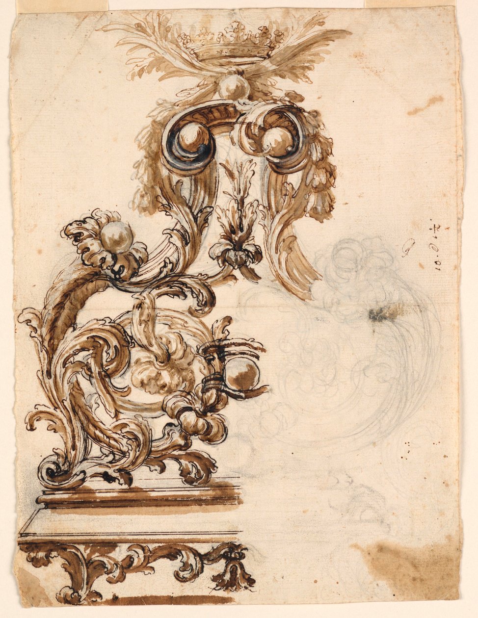 Kresba, návrh zlaceného bronzového ornamentu, 1680-1700 od Giovanni Battista Foggini