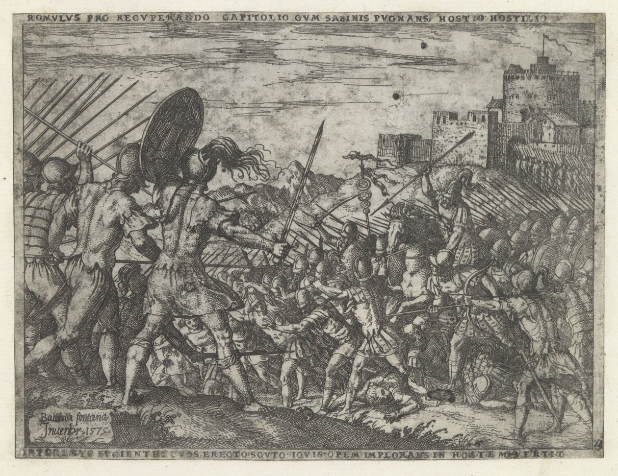 Armáda Romula v bitvě se Sabines Romulus pro recuperando (...) in hostem vertit (titul na objektu) Životy Romula a Rema (název série) od Giovanni Battista Fontana