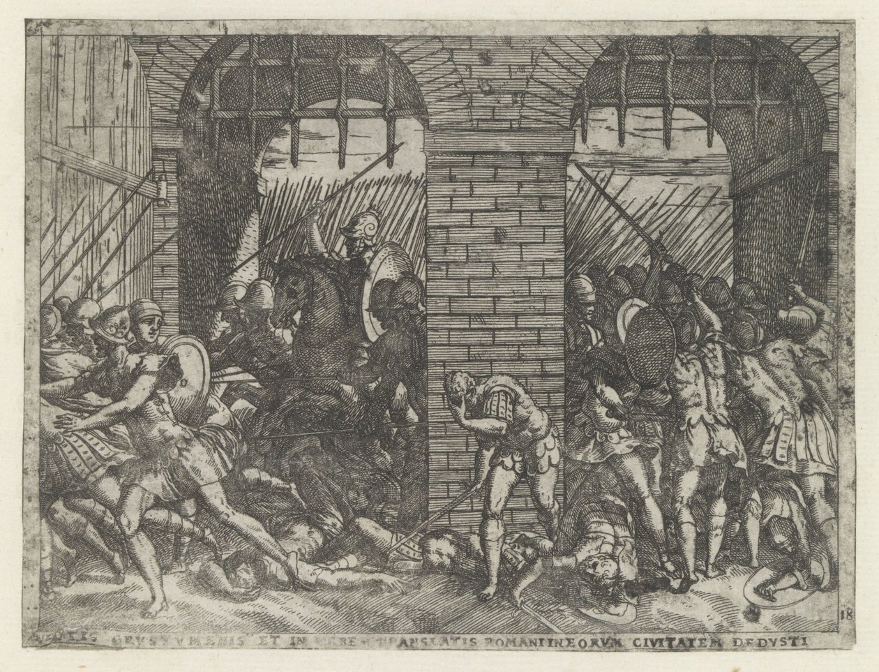 Romeinse soldaten vallen Crustumerium binnen Oběť Crustumeniho (...) zbavená občanství (titul na předmětu) Leven van Romulus en Remus (název série) od Giovanni Battista Fontana