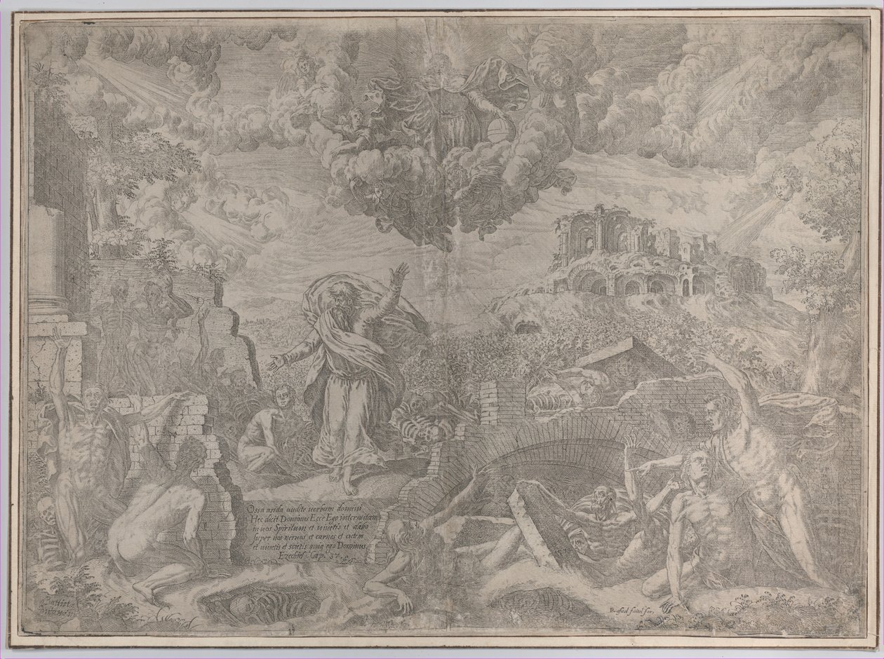 Vidění Ezechiela s mrtvými vstávajícími a oblékajícími se do těla, Bůh Otec nahoře..., 1579. od Giovanni Battista Fontana