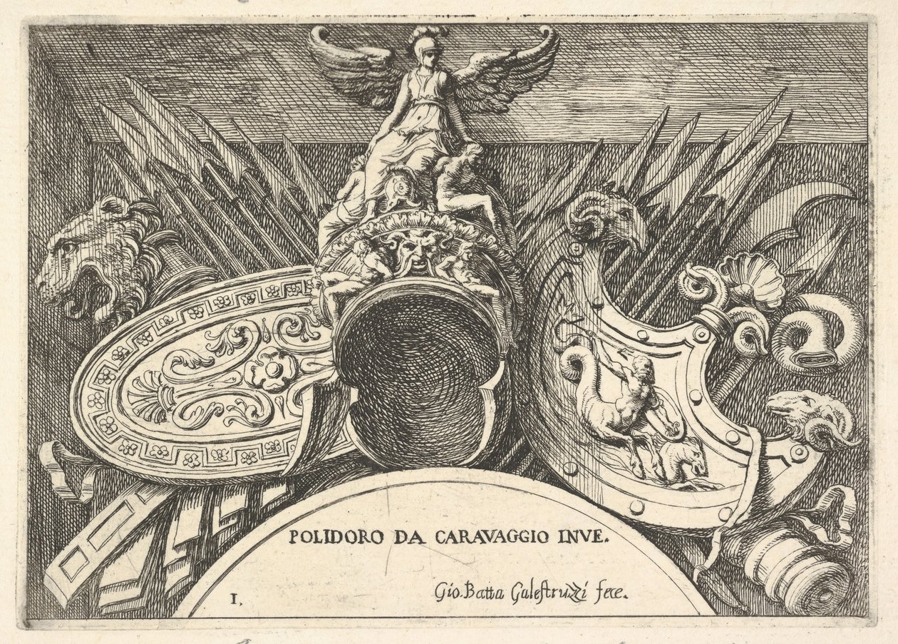 Deska 1: Trofeje římských zbraní z výzdoby nad okny ve druhém patře ..., 1656-58. od Giovanni Battista Galestruzzi