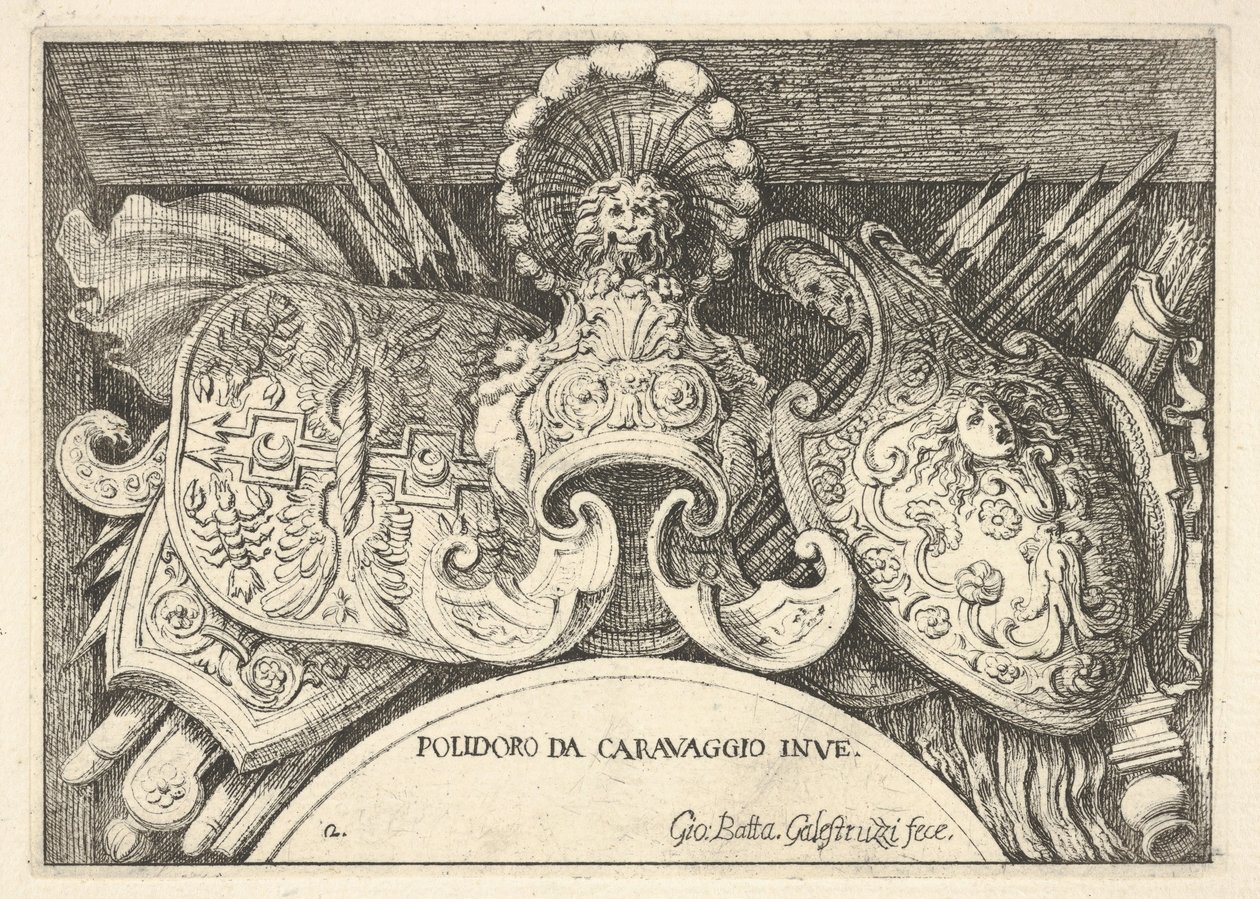 Deska 2: Trofeje římských zbraní z výzdoby nad okny ve druhém patře ..., 1656-58. od Giovanni Battista Galestruzzi