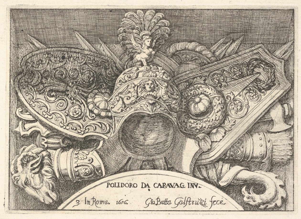 Deska 3: Trofeje římských zbraní z výzdoby nad okny ve druhém patře ..., 1656. od Giovanni Battista Galestruzzi