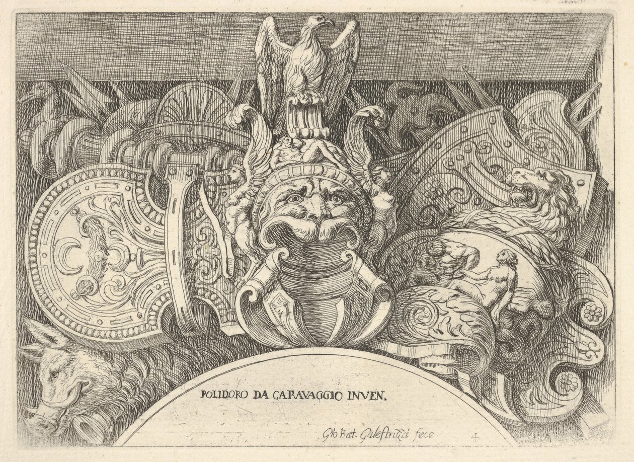 Deska 4: Trofeje římských zbraní z výzdoby nad okny ve druhém patře ..., 1656-58. od Giovanni Battista Galestruzzi