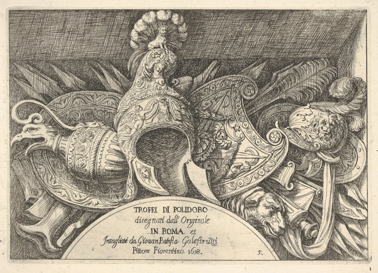 Deska 5: Trofeje římských zbraní z výzdoby nad okny ve druhém patře ..., 1658. od Giovanni Battista Galestruzzi