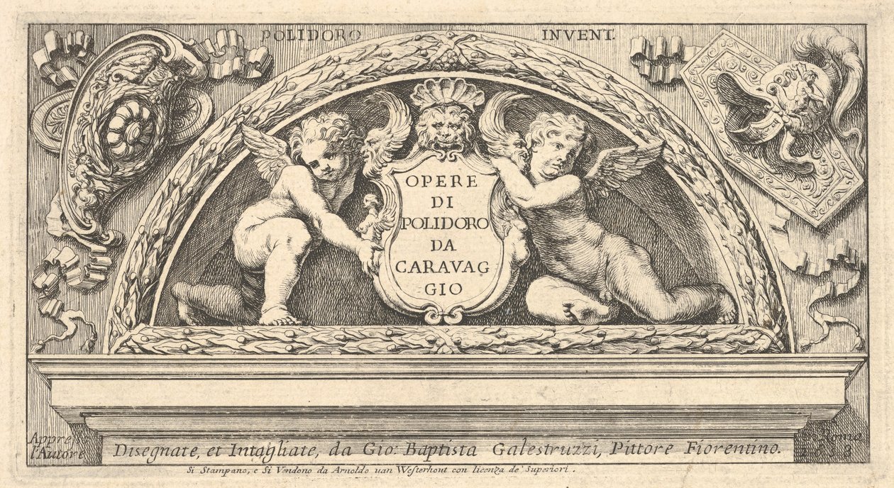 Titulek k sérii tisků podle Poloidora, titul na štítu podepřený dvěma putti, 1658. od Giovanni Battista Galestruzzi