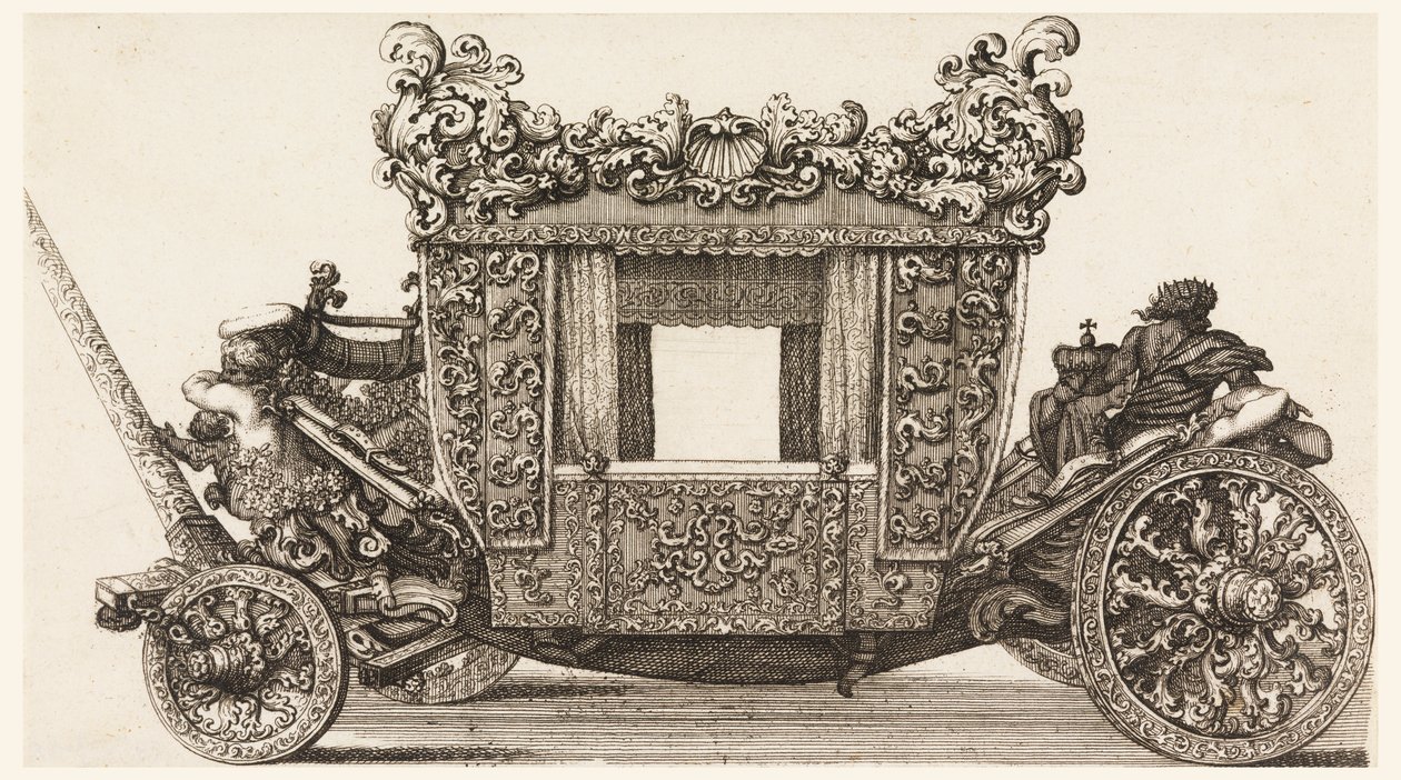 Boční pohled na první kočár (1686) lorda Castelmaina Postaven v roce 1686 Andrea Cornely po Ciro Ferri, 1687-1700 od Giovanni Battista Lenardi