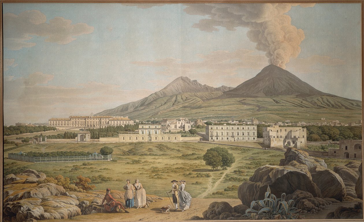Svahy Vesuvu z Portici s výhledem na Bourbonský palác, Giovan Battista Lusieri, kvaš. od Giovanni Battista Lusieri