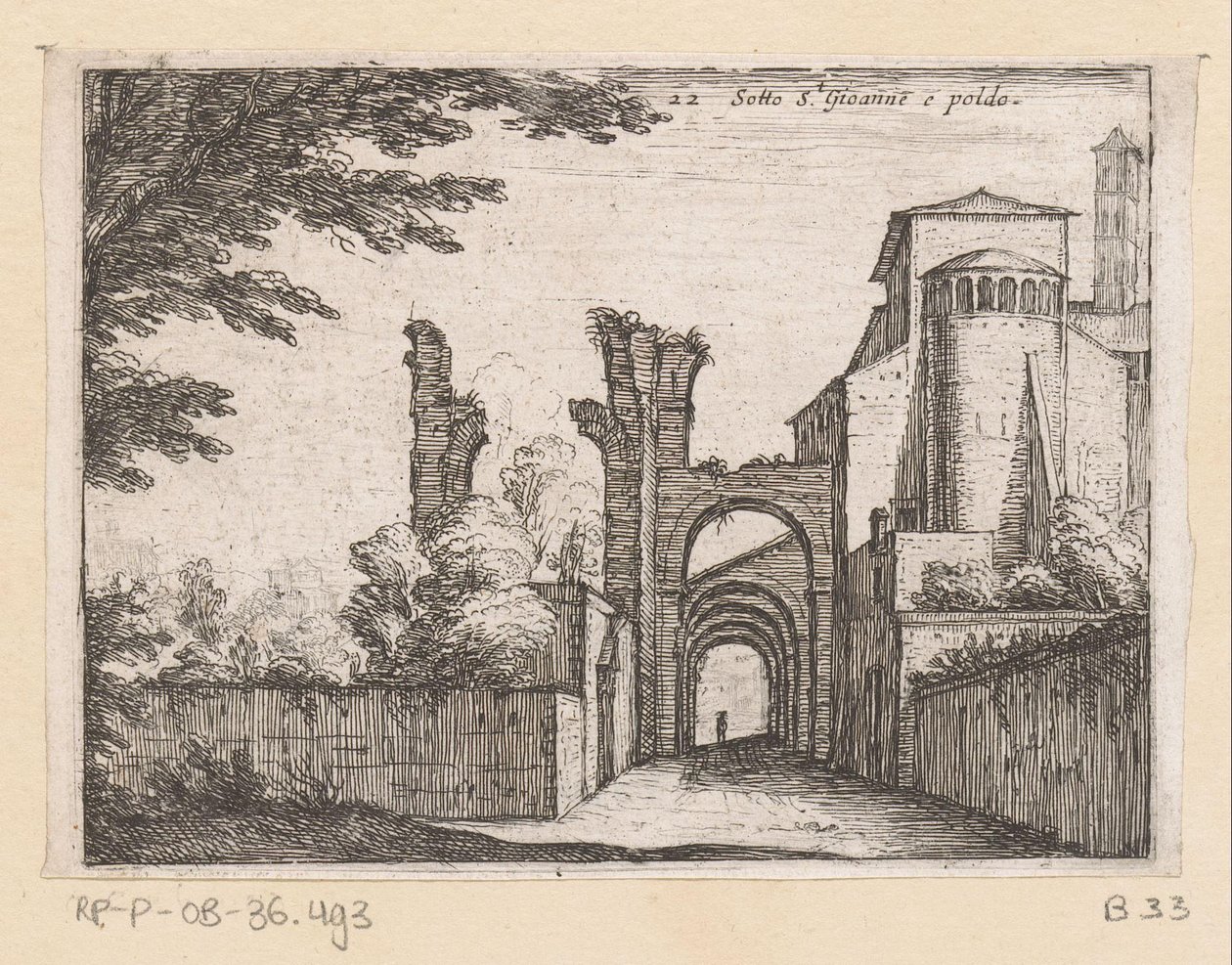 Clivus Scauri en de Santi Giovanni a Paolo Pod S.t Gioanne a poldo (titul na objektu) Gezichten op Rome (název série) Některé pohledy a perspektivy neobydlených míst v Římě (název série) od Giovanni Battista Mercati