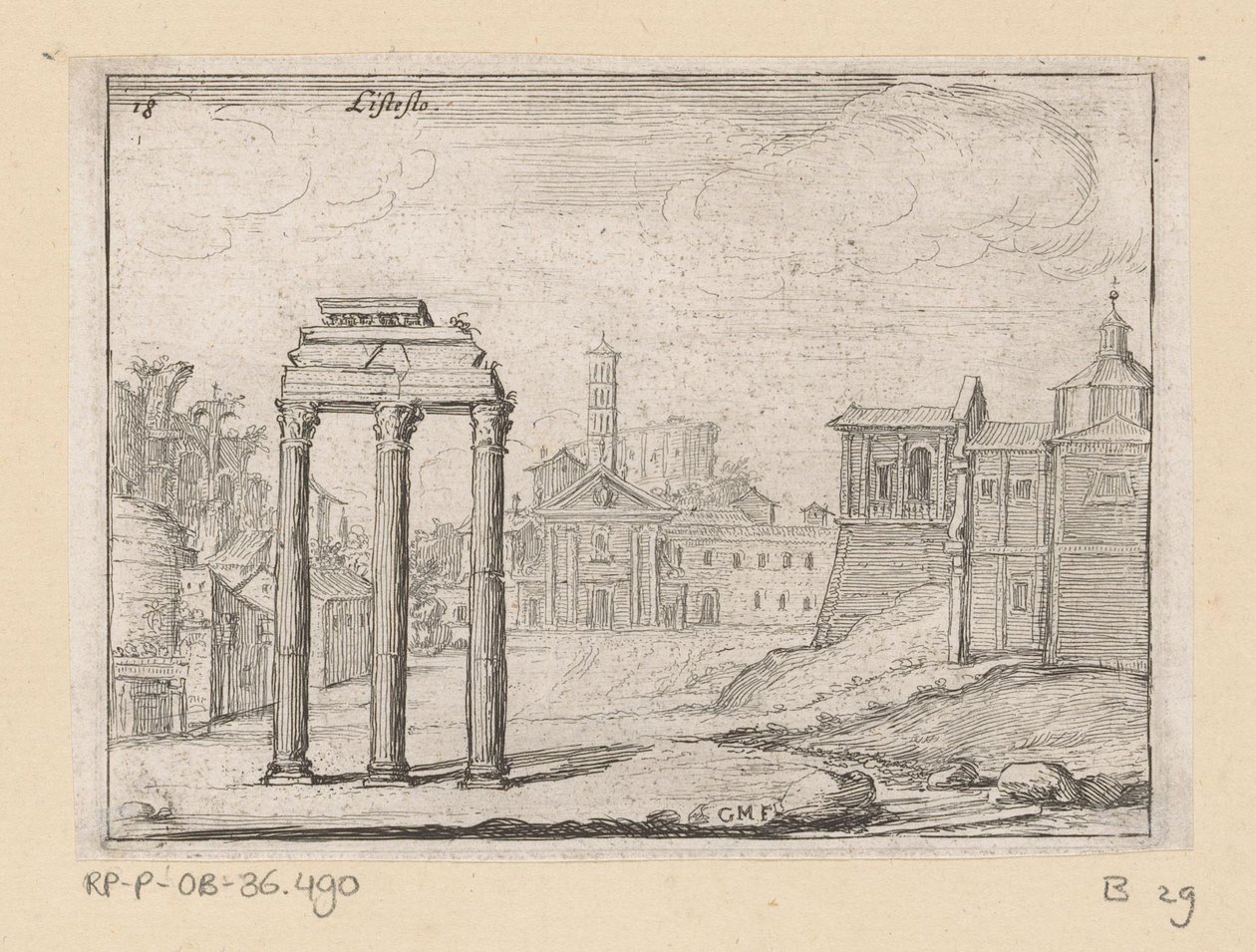Pohled na Forum Romanum v Římě Listesso (název na objektu) Pohledy na Řím (název série) Alcune vedute et prospettive di luoghi dishabitati di Roma (název série) od Giovanni Battista Mercati