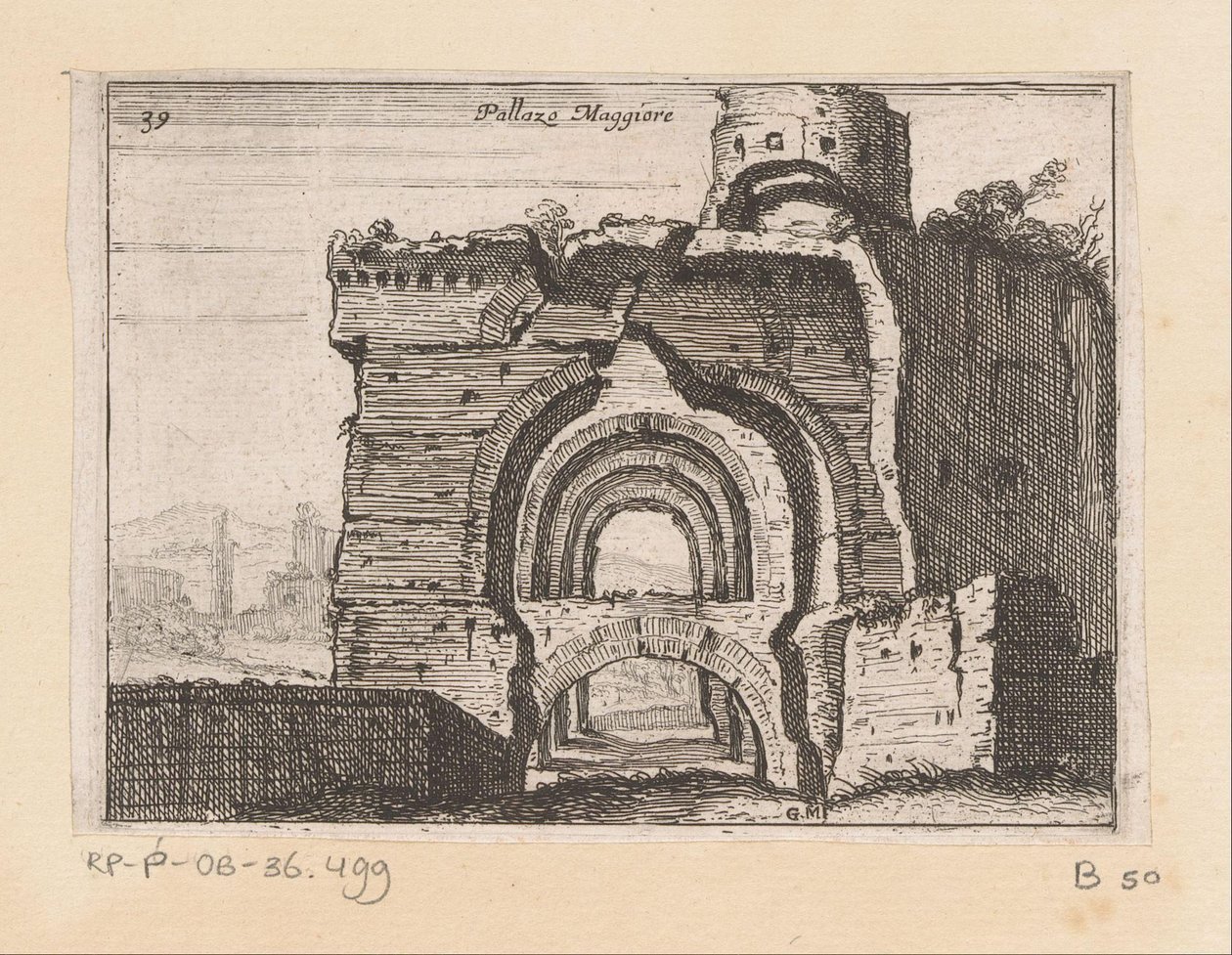 Palazzo Maggiore Pallazo Maggiore (název na objektu) Gezichten op Rome (název série) Některé pohledy a perspektivy neobydlených míst v Římě (název série) od Giovanni Battista Mercati