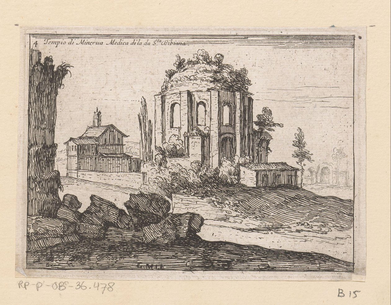 Resten van de Tempel van Minerva Medica v krajině Chrám Minervy Medica di la da S.ta Bibiana (název na objektu) Gezichten op Rome (název série) Některé pohledy a perspektivy neobydlených míst v Římě (název série) od Giovanni Battista Mercati