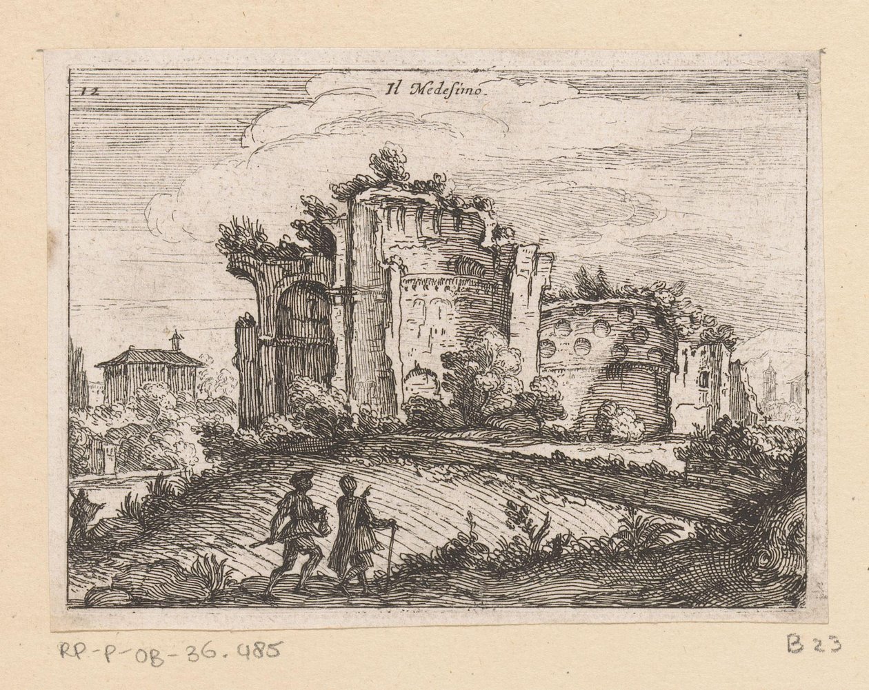 Zřícenina v krajině Il Medesino (název na objektu) Pohledy na Řím (název série) Alcune vedute et prospettive di luoghi dishabitati di Roma (název série) od Giovanni Battista Mercati