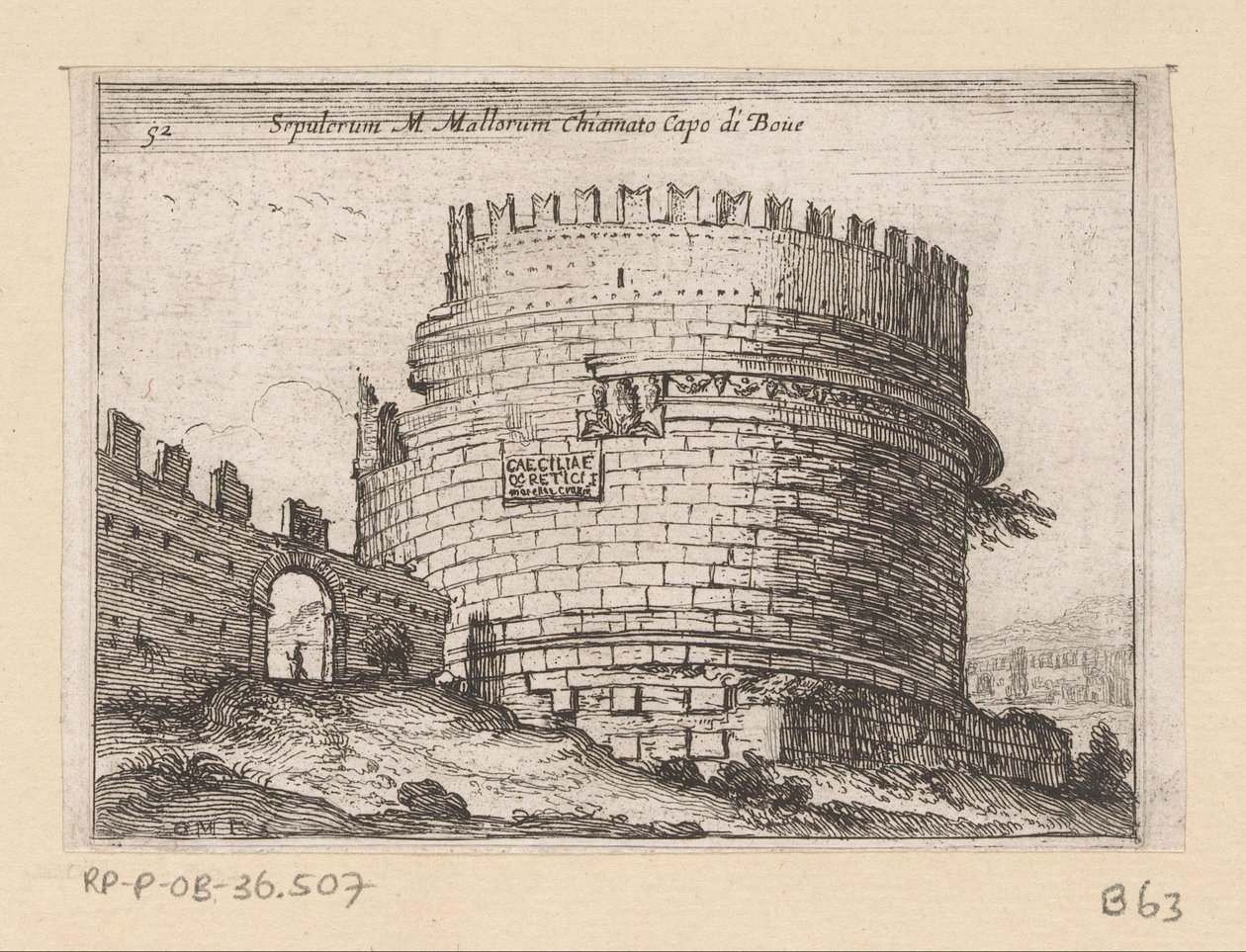 Tombe van Caecilia Metella te Rome Sepulcrum M. Mallorum s názvem Cape of Boue (název na objektu) Gezichten op Rome (název série) Některé pohledy a perspektivy neobydlených míst v Římě (název série) od Giovanni Battista Mercati