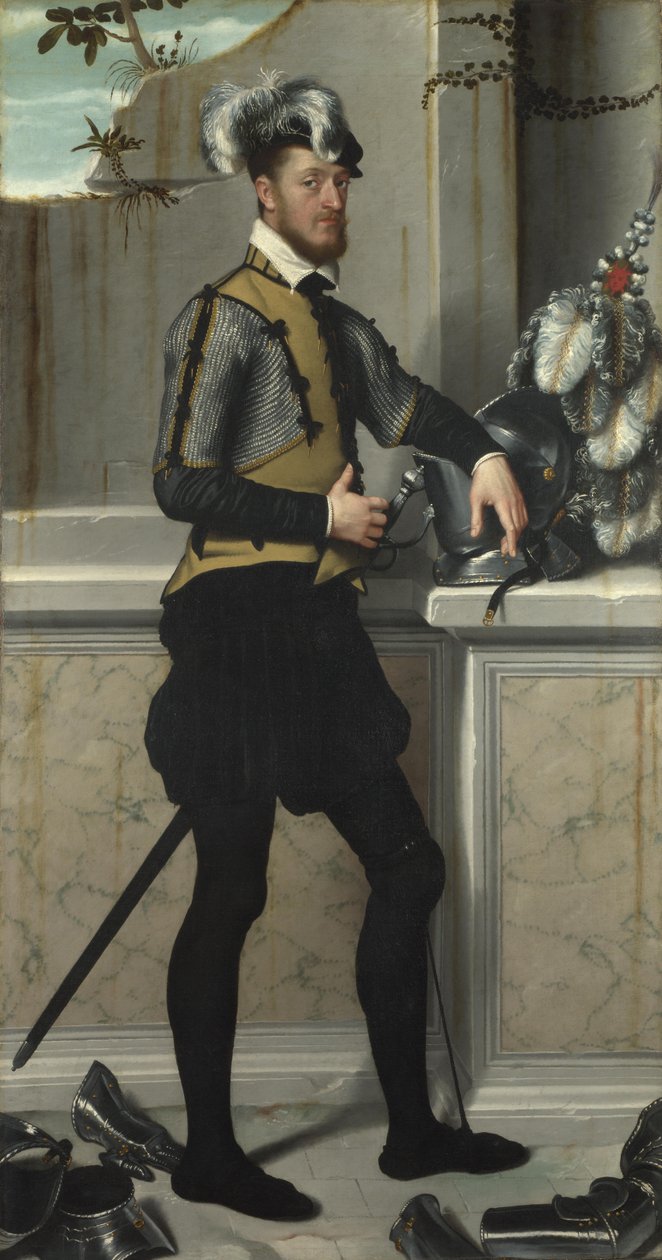 Rytíř se svou rytířskou přilbou Rytíř se zraněnou nohou, hrabě Faustino Avogadro, kolem roku 1554 od Giovanni Battista Moroni