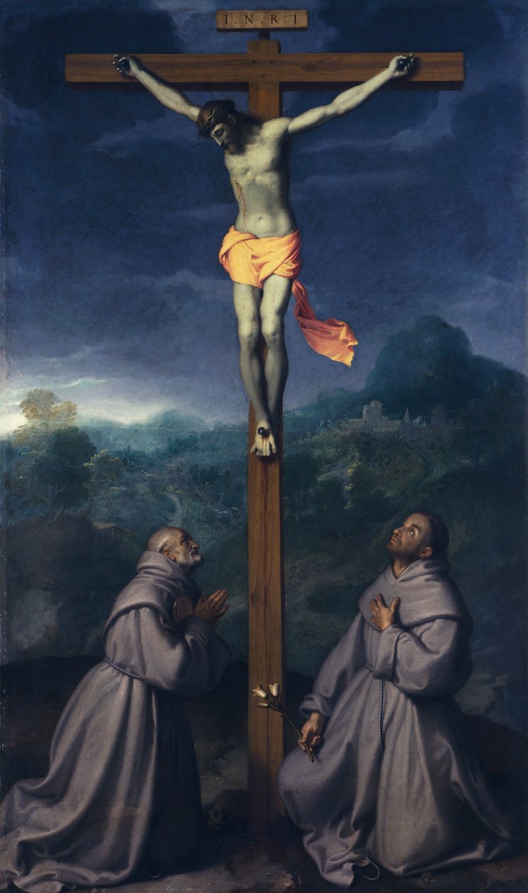 Ukřižování se svatými Bernardinem a Antonínem Paduánským, Giovanni Battista Moroni (1525 cca 1578), olej na plátně, 226x133 cm, kostel San Giuliano, Albino od Giovanni Battista Moroni